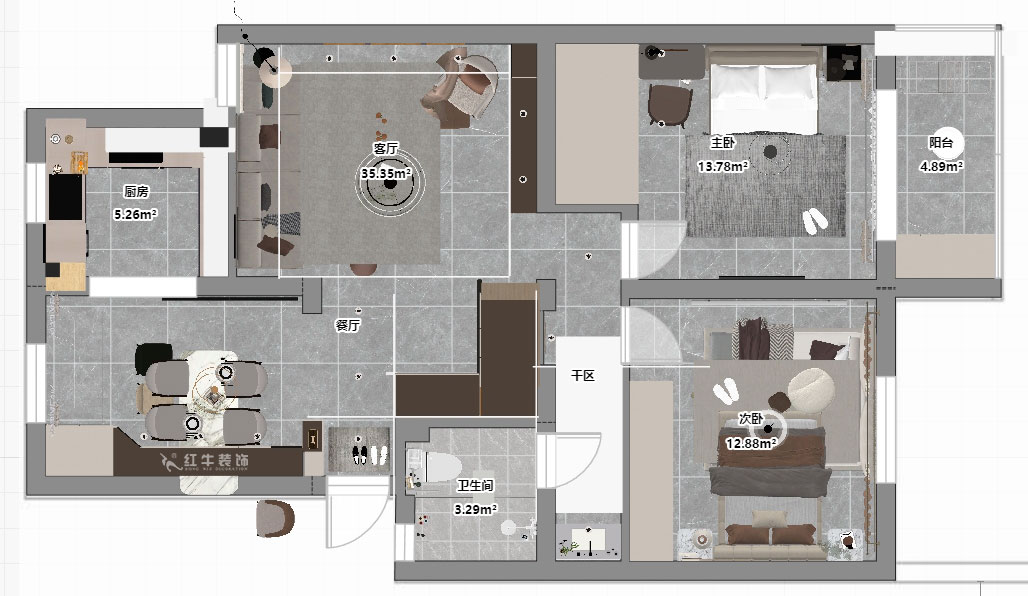 仇美蓉｜太平花苑（北苑）53-601-90㎡-简约风格｜2室2厅1卫｜老房装修｜定制家｜全包12万｜00_05平面彩图